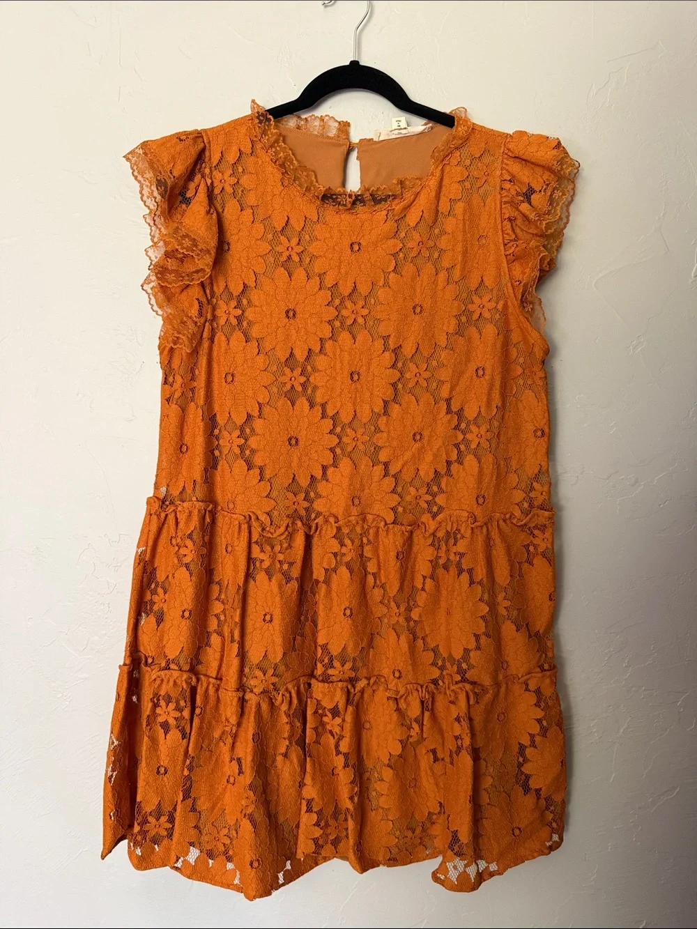 Lace Tiered Mini Dress in dusty/ rusty Orange color